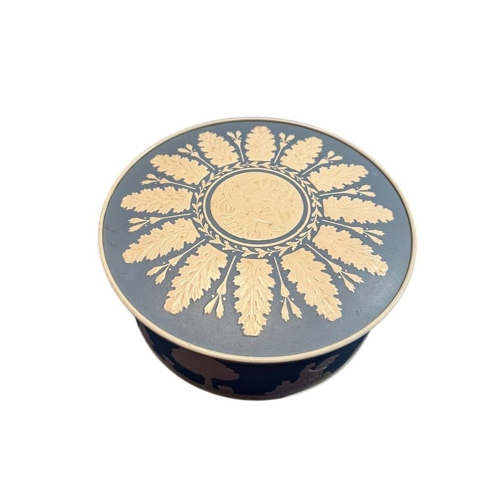 Vintage Atlantic Can Co Blue & White Wedgwood Style Tin Round Embossed